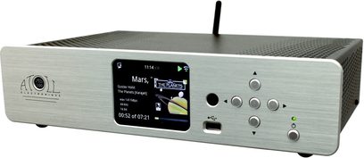 Atoll Elektronikos MS100 sidabrinės spalvos tinklo garso grotuvas, šlifuoto aliuminio priekis, spalvotas ekranas, mygtukai ir jungtys nugarinėje dalyje