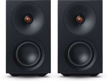 Cambridge Audio sorte trådløse højttalere L/R S, frontvisning med stor rund woofer og centralt placeret kobberfarvet diskant