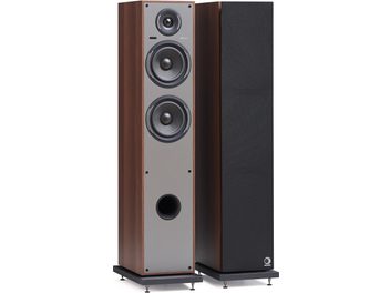 Coppia di diffusori da pavimento Elipson Horus 11 Active BT Phono, noce, pannello frontale grigio con tweeter, 2 woofer ed eventuale condotto reflex, vista frontale