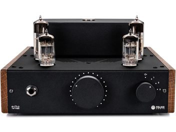 Feliks Audio Echo MKII Vibe black high-fidelity tube headphone preamp with wooden front panel and large central knob