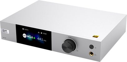 Convertisseur audio DAC EverSolo DAC-Z6 blanc, vue de face, avec écran LCD bleu affichant "MQA 44.1 KHz", bouton et prises