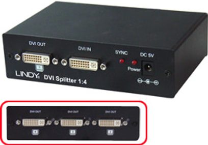 DVI splitter Lindy DVI Splitter 1:4, černé pouzdro, 2 přední DVI zásuvky, 4 zadní DVI zásuvky, 2 LED diody