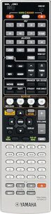 Sort Yamaha RX-V1067 fjernbetjening med mange farvede knapper og LCD-skærm, set forfra på hvid baggrund