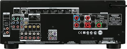 Czarny amplituner kina domowego Onkyo TX-NR525, widok od tyłu, złącza audio/wideo, porty HDMI, komponenty, antena, Ethernet
