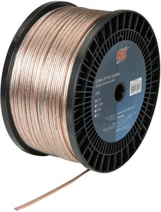Gennemsigtig kobberkabel Real Cable CAT 2,5 mm til højttaler, sort spole med blå etiket og tekniske specifikationer
