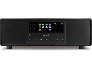 Sonoro Primus sort internetradio, mat sort, frontvisning, farvedisplay, kontrolknapper og -hjul, stereohøjtalere