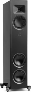 Sloupcový reproduktor MartinLogan Motion F10 v černém laku s třemi kruhovými reproduktory a obdélníkovým výškovým reproduktorem na stojanu
