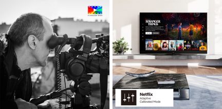 Muž natáčející kamerou, televizor zobrazující Netflix, logo Filmmaker Mode, logo Netflix Adaptive Calibrated Mode
