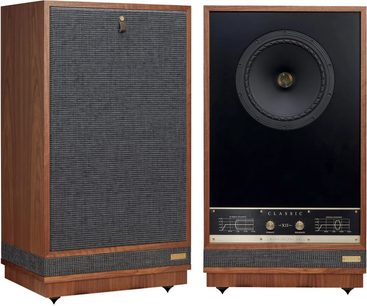 Diffusori da pavimento Fyne Audio Classic XII, cabinet in legno di noce, frontale nero con grande altoparlante, griglia grigia, manopole