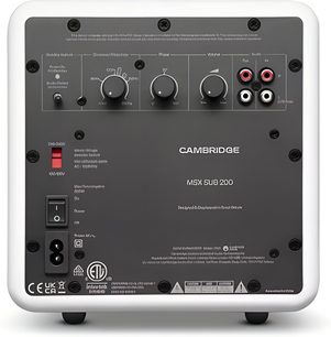 Cambridge Audio MSX Sub 200 subwoofer wit, achteraanzicht met instellingen en RCA-aansluitingen