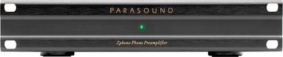 Phono předzesilovač Parasound Zphono černý, pohled zepředu, 2 jackové vstupy, 1 zelená svítící LED, obdélníkový kryt z kartáčovaného hliníku