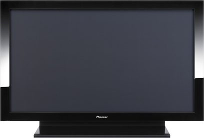 Pioneer PDP-LX6090H fladskærms-TV, rektangulært sort slukket fladskærms-panel set forfra på sort fod, smal og blank ramme