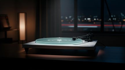 Minimalistisk vit vinylskivspelare, sedd i trekvartsvy på ett bord med nattlig atmosfär