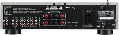 Denon PMA-510AE sort integreret stereoforstærker, bagside der viser audio-stik og -tilslutninger