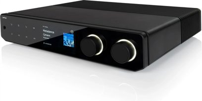 Cyrus 80 AMP integrated stereo amplifier, black, glass front panel with color display and two illuminated knobs