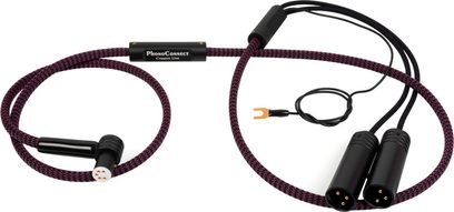 Cavo phono Thorens PhonoConnect PHC 150 DIN-XLR 1,5 m con guaina intrecciata nera e viola, connettore DIN angolato a 5 poli, due XLR maschi metallici neri e forcella di massa dorata, vista dall’alto