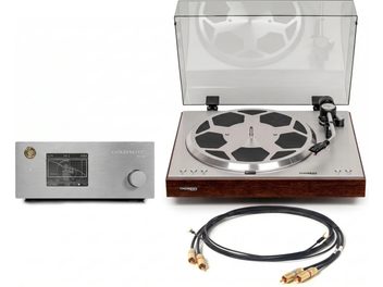 Hopeanvärinen ja ruskea Thorens-levysoitin, kansi auki, Gold Note PH-10 -esivahvistimella ja mustalla RCA-kaapelilla