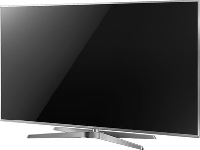 Panasonic TX-75FX780 fladskærms-TV set forfra med skærmen slukket, sort flad skærm, smal sølvfarvet ramme, centralt metalben