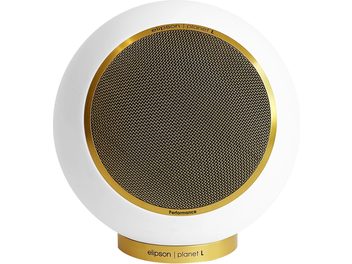 Elipson Planet L Performance Lautsprecher in mattem Weißgold mit schwarzem, kreisförmigem Gitter, umgeben von einem goldenen Rahmen