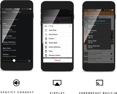 Trīs ekrānuzņēmumi no Spotify Connect mobilās lietotnes, kas parāda savienojuma opcijas ar dažādiem skaļruņiem
