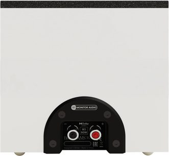 Głośnik Dolby Atmos Monitor Audio Bronze AMS 7G w białym obudowie drewnianej, widok tylny, półokrągła czarna płyta połączeniowa z zaciskami czerwonym i czarnym