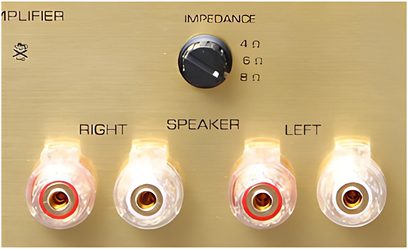 Leben CS300F rør-hi-fi-forstærker, forfra med de 4 rør, volumenkontrol og højttalerimpedens-vælger