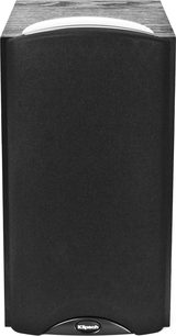 Klipsch Synergy B-20 sort bogreolhøjttaler, set forfra, sort gitter, sølvfarvet diskant, mørkt træ på siderne