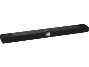 Soundbar WiiM Bar nera vista frontale, formato allungato con schermo rotondo centrale e griglie alle estremità