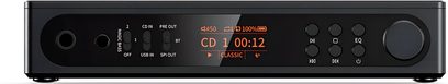FiiO DM15 R2R Hi-Fi-CD-Player in Schwarz, Frontansicht mit orangefarbenem Display, seitlichen Tasten und großem Drehregler