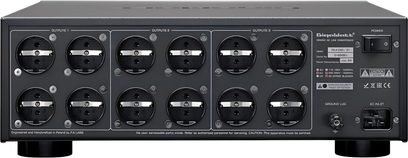 Condizionatore di rete GigaWatt PC-4 EVO+, vista posteriore nera con 8 prese Schuko, interruttore e ingresso di rete