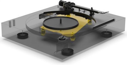 Platine vinyles hi-fi Pro-Ject A2 avec châssis transparent, plateau circulaire noir, bras de lecture noir, éléments internes jaunes