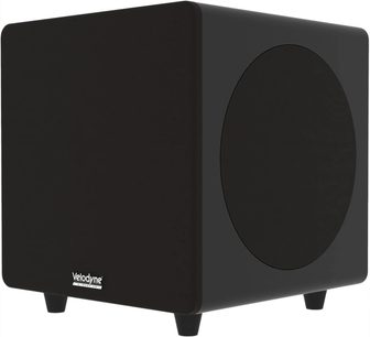 Schwarzer Velodyne Deep Waves 12 Subwoofer mit kubischem Design auf Füßen, seitlichem Rundlautsprecher, Dreiviertelansicht