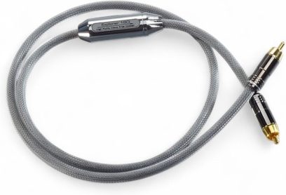 Cavo audio RCA Siltech Explorer 180i, guaina intrecciata grigia, connettori maschio in metallo nero e oro, corpo cilindrico