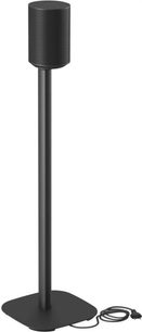 Black Vogel's SFS 4113 speaker stand, with cylindrical speaker, slim stem and square base with rounded corners