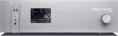 Pré-amplificador phono Gold Note PH-1000 prateado com painel frontal em acabamento prateado, tela digital, botão circular e LED azul
