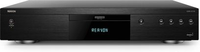 Lettore Blu-ray 4K Reavon UBR-X110 nero, vista frontale, display con scritta "REAVON", pulsanti e connettori visibili