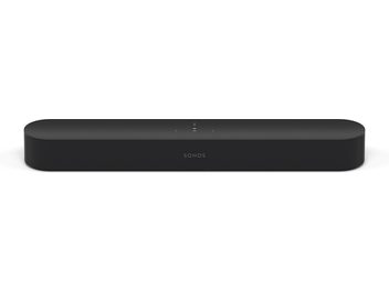Černý soundbar Sonos Beam, podlouhlý obdélníkový tvar, matný černý povrch, dotyková tlačítka na horní straně