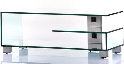 Sonorous N210 TV-møbel i transparent glas med 3 niveauer med rektangulære hylder og firkantede fødder i krombelagt metal, set forfra