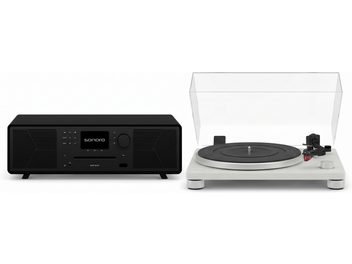 Svart Sonoro-ljudsystem med CD-spelare och vit vinylspelare med transparent lock
