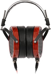 Слушалки с кабел Audeze LCD-2 Padauk, преден изглед, кръгли дървени обковки, черни възглавнички, метална обръч