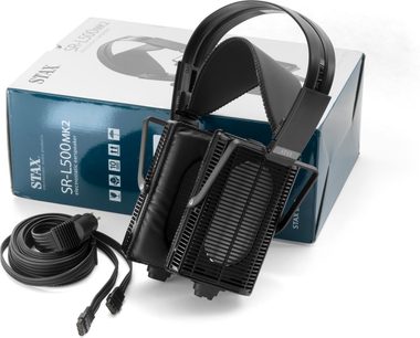 Öppen hi-fi-hörlurar STAX Lambda SR-L500 MK2 svart med läderbygel och öronkuddar, spiralkabel och blå låda