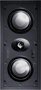 Siyah dikdörtgen gömme duvar tipi Canton InWall 845 LCR hoparlör, iki gümüş woofer ve ortada bir tweeter ile