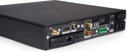 Integreret stereo hi-fi forstærker Elipson Connect 2130 Xi, bagvinkelvisning, RCA-stik, HDMI, LAN, antenner, gitter, strømstik