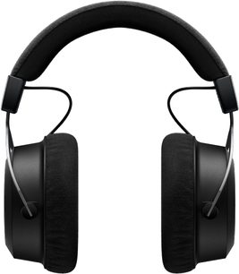 Beyerdynamic Amiron trådløse hodetelefoner, sett forfra, svart polstret hodebøyle, sirkulære svarte øreklokker, metallkabler