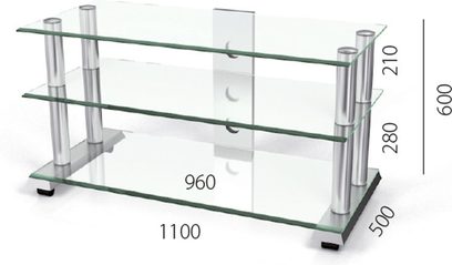 Gennemsigtig glashylde til TV med 3 niveauer og aluminiumsben, mål L1100 x D500 x H600 mm