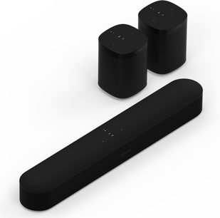 Sonos Beam og One (Gen 2) sort soundbar-pakke bestående af en rektangulær soundbar og to kubiske højttalere i mat sort