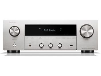 Denon DRA-900H stereovahvistimen etupaneeli, hopeinen väri, alumiininäppäimet, LCD-näyttö, laadukas viimeistely
