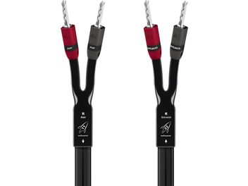 Audioquest Rocket 11 hoparlör kablosu, siyah plastik kılıf, metal muz fişler, kırmızı/grimsi AMP/SPEAKER uçları