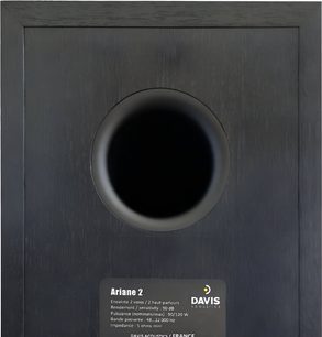 Reproduktor Davis Acoustics Ariane 2 v černé barvě s dřevěným provedením, pohled zezadu, centrální kruhový basreflex a spodní štítek