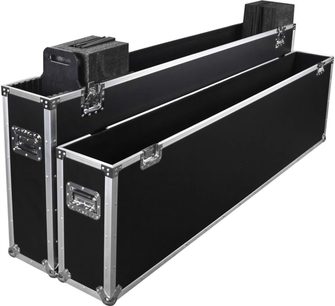 Sort flightcase til skærm Power Acoustics Flight Ecran 75/85 SR, åben, med sølvfarvede kanter og håndtag